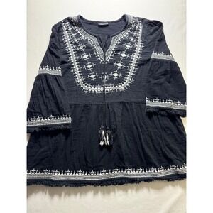 APNY womens XL black cotton embroidered peasant blouse boho tassel tunic